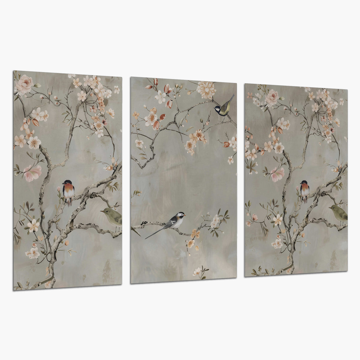 Small songbirds among pink and cream blossoms, green leaves and delicate branches on gray set of 3 poster prints on a white background