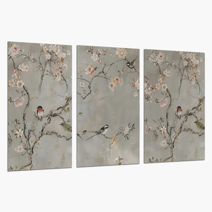 Small songbirds among pink and cream blossoms, green leaves and delicate branches on gray set of 3 poster prints on a white background