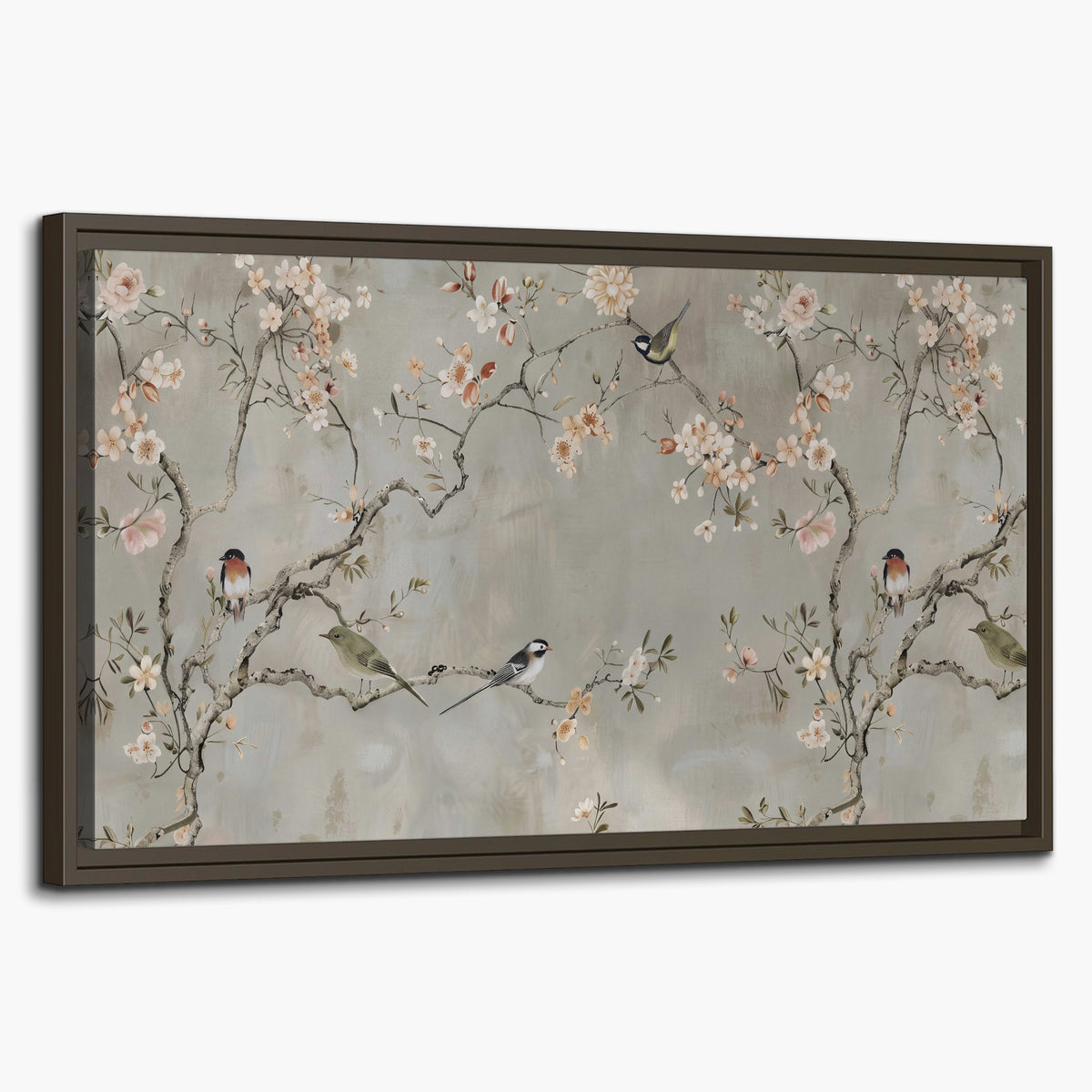 Small songbirds among pink and cream blossoms, green leaves and delicate branches on gray single framed canvas wall art on a white background