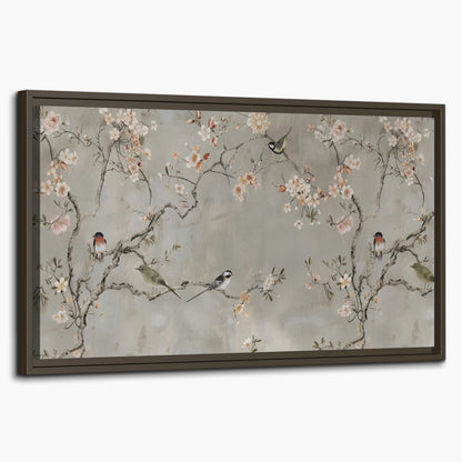 Small songbirds among pink and cream blossoms, green leaves and delicate branches on gray single framed canvas wall art on a white background