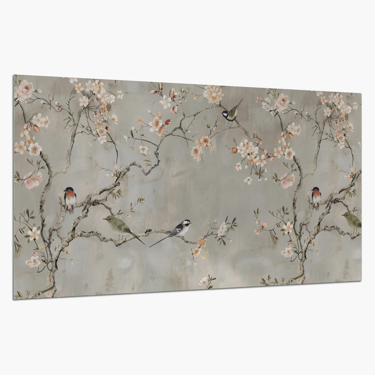 Small songbirds among pink and cream blossoms, green leaves and delicate branches on gray single poster print on a white background