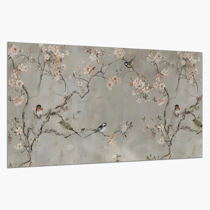 Small songbirds among pink and cream blossoms, green leaves and delicate branches on gray single poster print on a white background