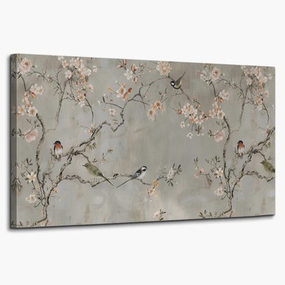 Small songbirds among pink and cream blossoms, green leaves and delicate branches on gray single canvas wall art on a white background