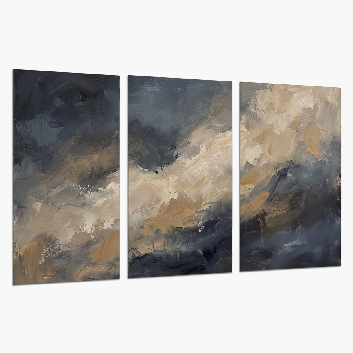 Sweeping charcoal and cream painted clouds with warm gold tones set of 3 poster prints on a white background