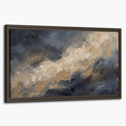 Sweeping charcoal and cream painted clouds with warm gold tones single framed canvas wall art on a white background