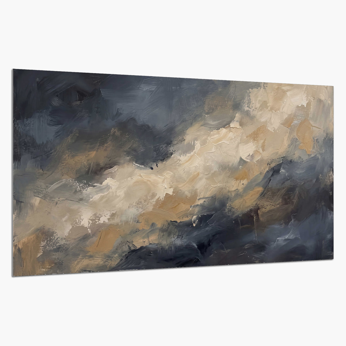 Sweeping charcoal and cream painted clouds with warm gold tones single poster print on a white background
