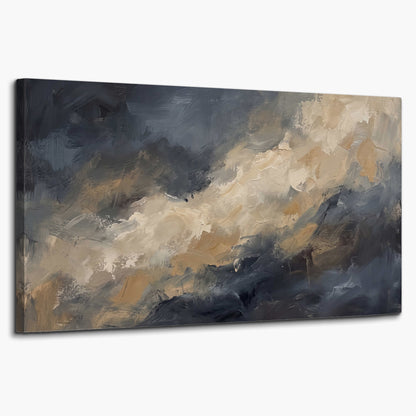 Sweeping charcoal and cream painted clouds with warm gold tones single canvas wall art on a white background