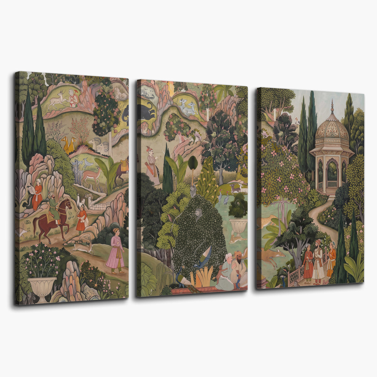 Ornamental garden scene with pavilions, people and animals 3 piece canvas wall art on a white background