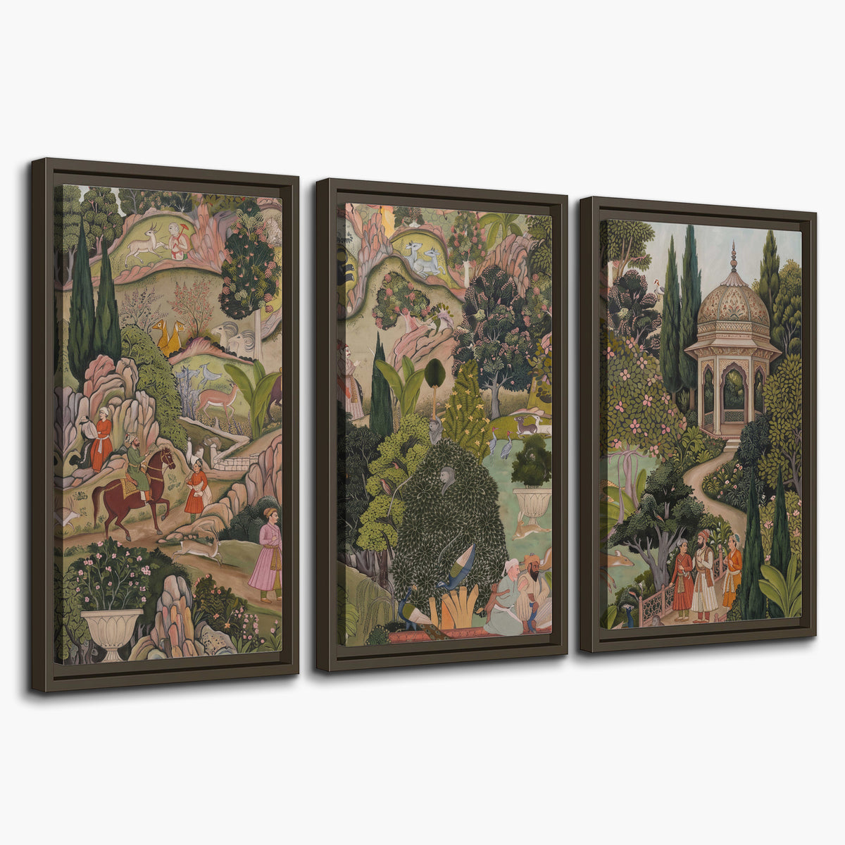 Ornamental garden scene with pavilions, people and animals 3 piece framed canvas wall art on a white background