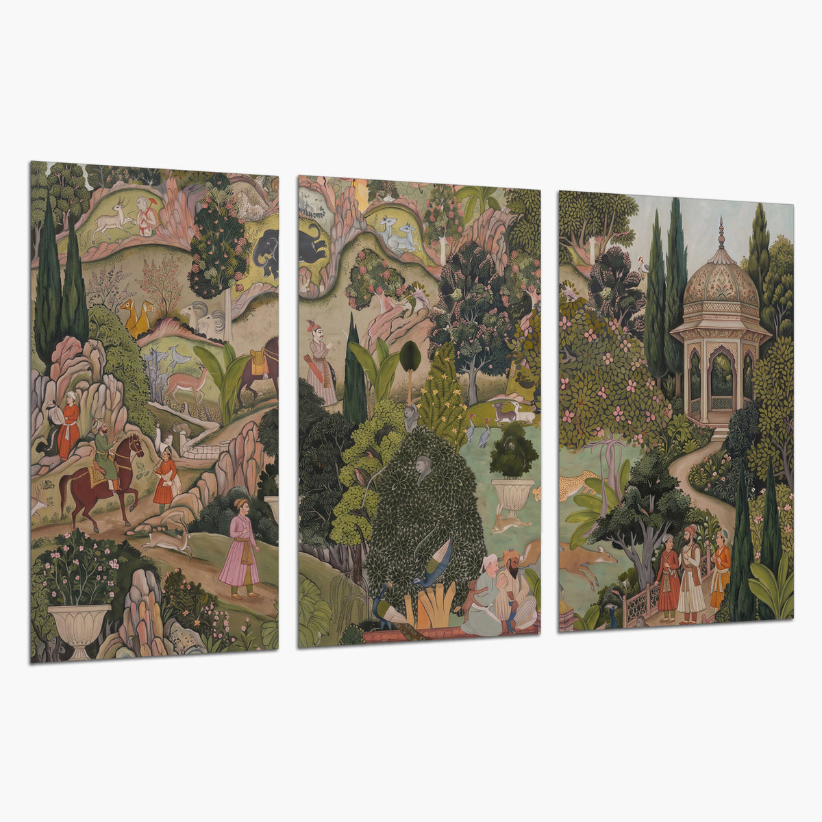 Ornamental garden scene with pavilions, people and animals set of 3 poster prints on a white background