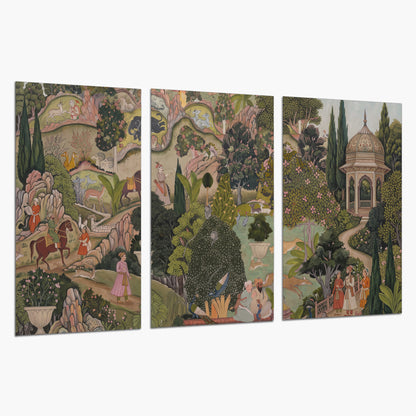 Ornamental garden scene with pavilions, people and animals set of 3 poster prints on a white background