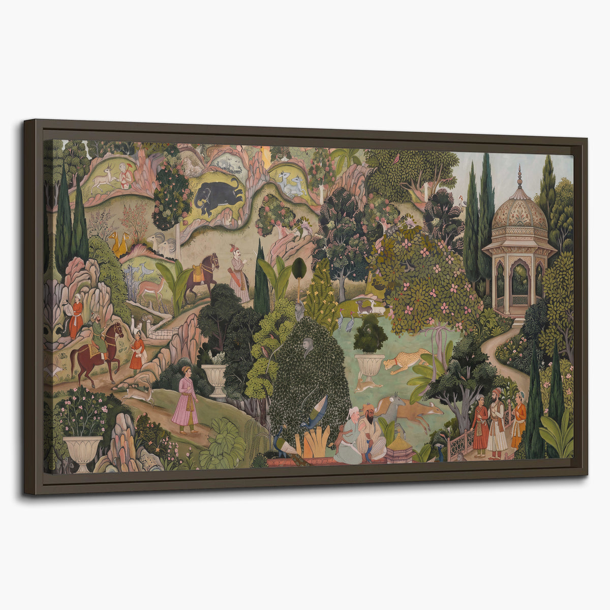 Ornamental garden scene with pavilions, people and animals single framed canvas wall art on a white background
