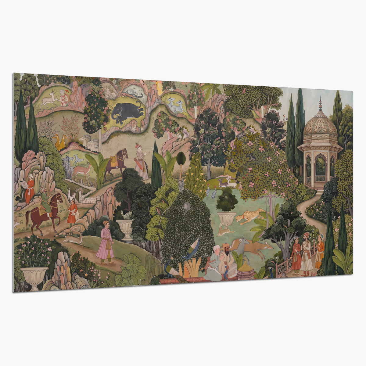 Ornamental garden scene with pavilions, people and animals single poster print on a white background