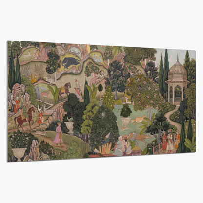 Ornamental garden scene with pavilions, people and animals single poster print on a white background