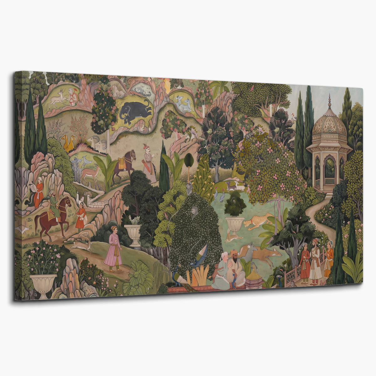 Ornamental garden scene with pavilions, people and animals single canvas wall art on a white background