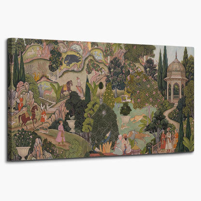 Ornamental garden scene with pavilions, people and animals single canvas wall art on a white background