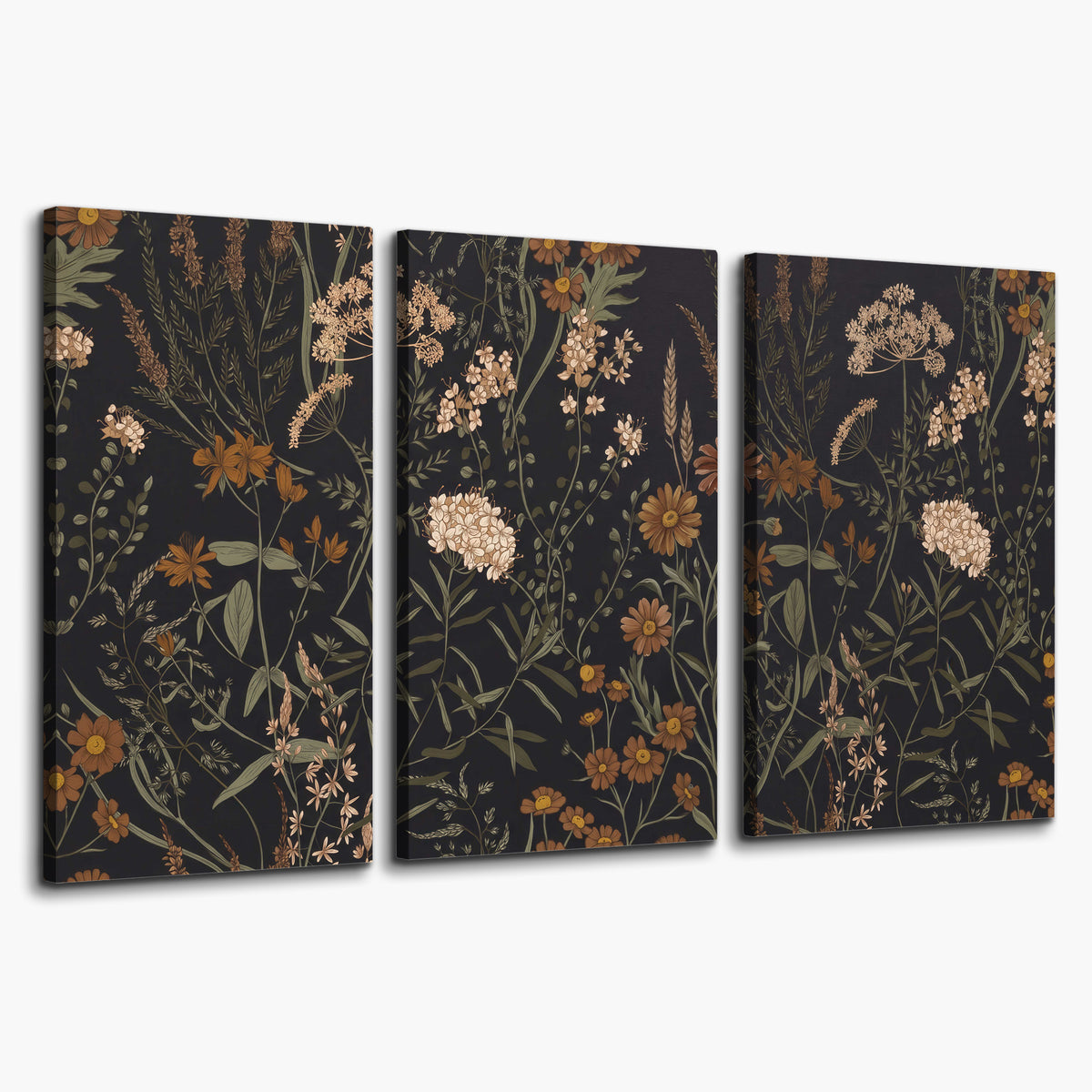 Small cream and rust flowers on a dark botanical background 3 piece canvas wall art on a white background