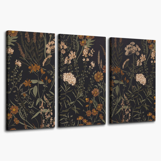 Small cream and rust flowers on a dark botanical background 3 piece canvas wall art on a white background