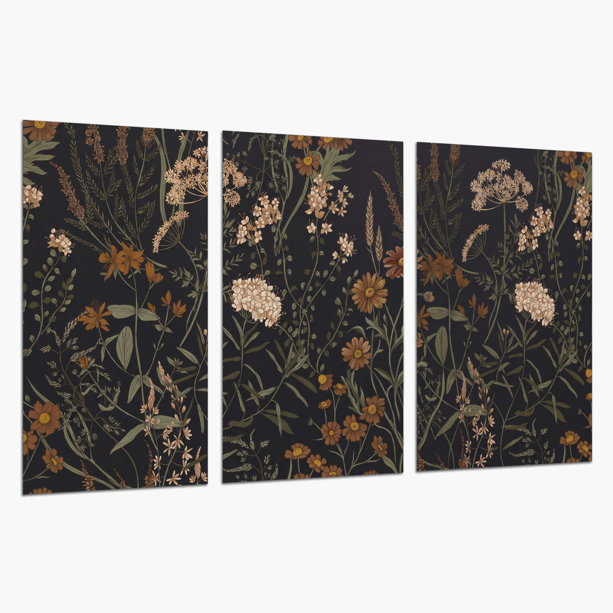 Small cream and rust flowers on a dark botanical background set of 3 poster prints on a white background