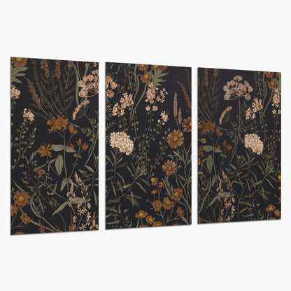 Small cream and rust flowers on a dark botanical background set of 3 poster prints on a white background