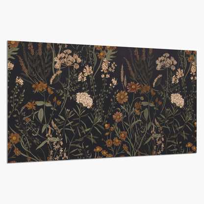 Small cream and rust flowers on a dark botanical background single poster print on a white background
