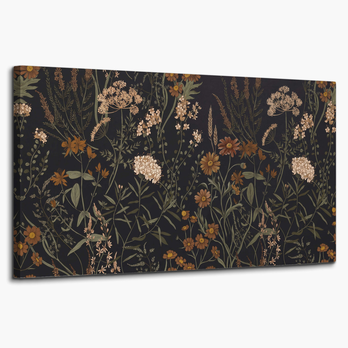 Small cream and rust flowers on a dark botanical background single canvas wall art on a white background