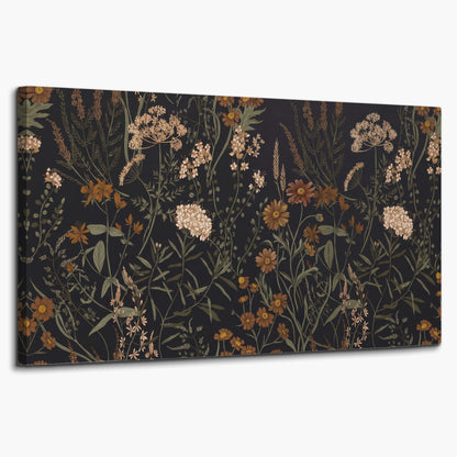 Small cream and rust flowers on a dark botanical background single canvas wall art on a white background