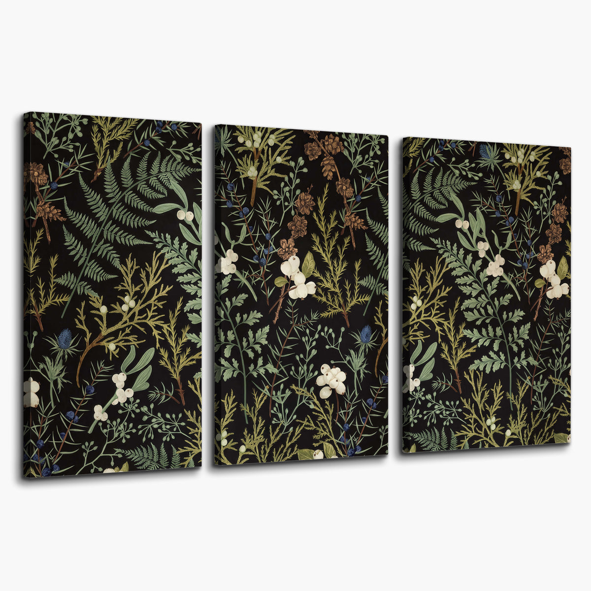 Fine green ferns and cream flowers on a black background 3 piece canvas wall art on a white background