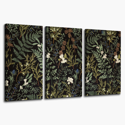 Fine green ferns and cream flowers on a black background 3 piece canvas wall art on a white background