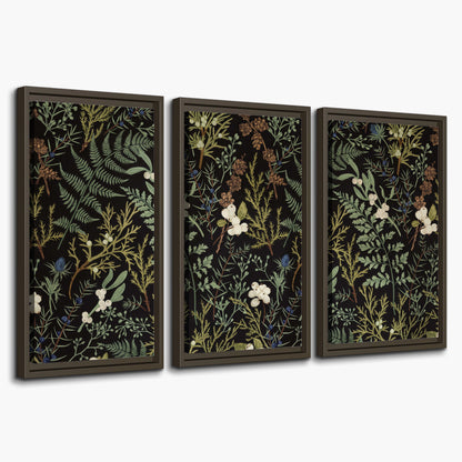 Fine green ferns and cream flowers on a black background 3 piece framed canvas wall art on a white background