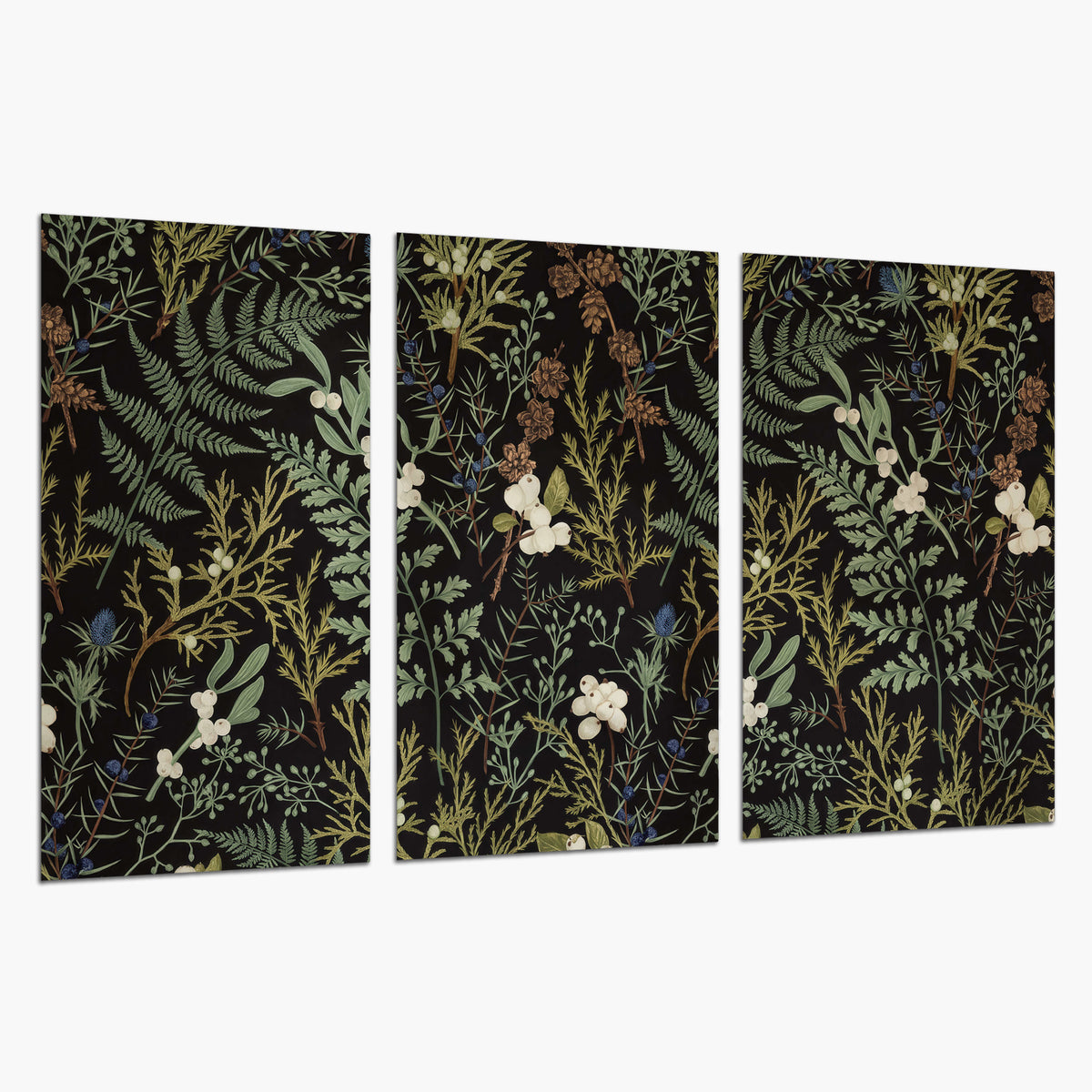 Fine green ferns and cream flowers on a black background set of 3 poster prints on a white background
