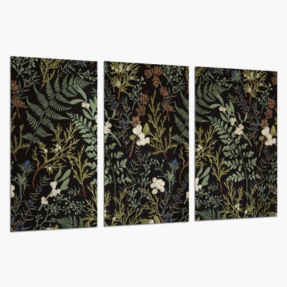 Fine green ferns and cream flowers on a black background set of 3 poster prints on a white background