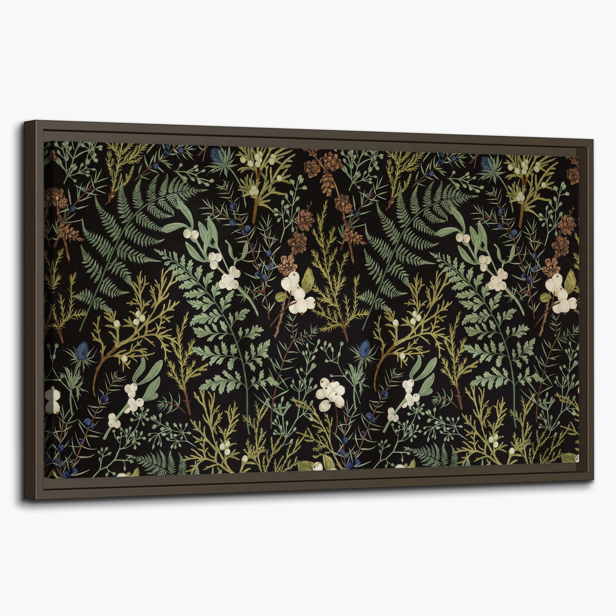 Fine green ferns and cream flowers on a black background single framed canvas wall art on a white background