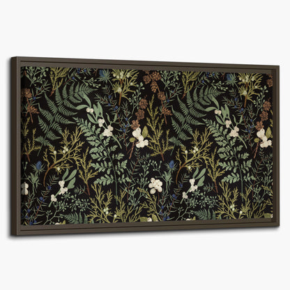 Fine green ferns and cream flowers on a black background single framed canvas wall art on a white background