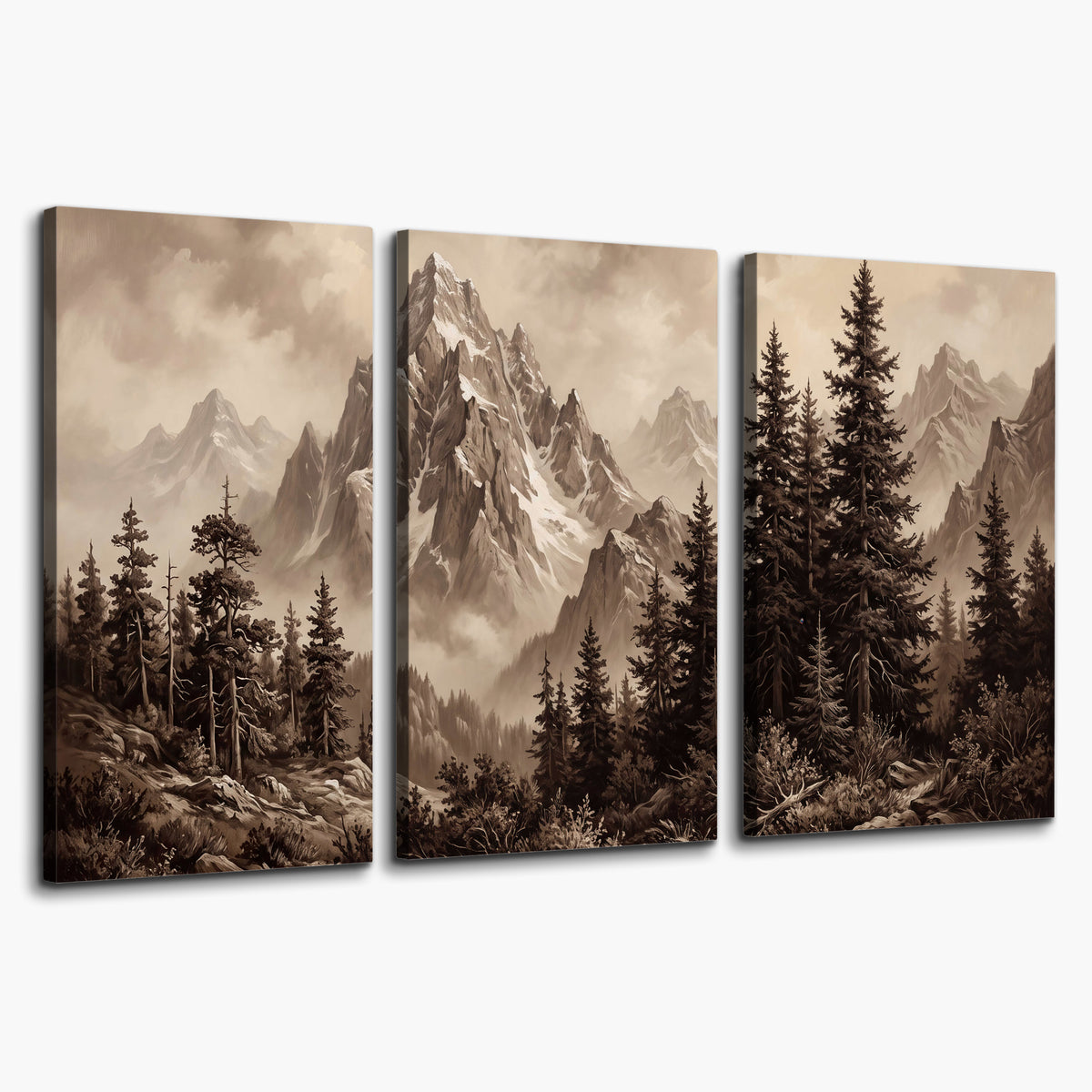 Dramatic mountain peaks framed by evergreen trees 3 piece canvas wall art on a white background
