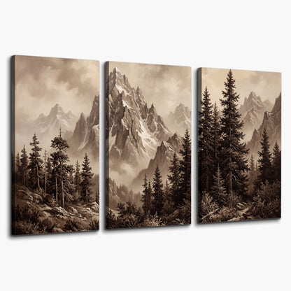 Dramatic mountain peaks framed by evergreen trees 3 piece canvas wall art on a white background