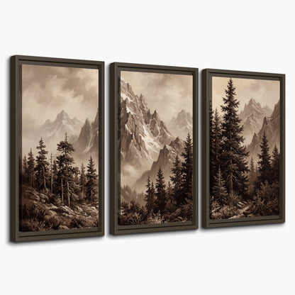 Dramatic mountain peaks framed by evergreen trees 3 piece framed canvas wall art on a white background