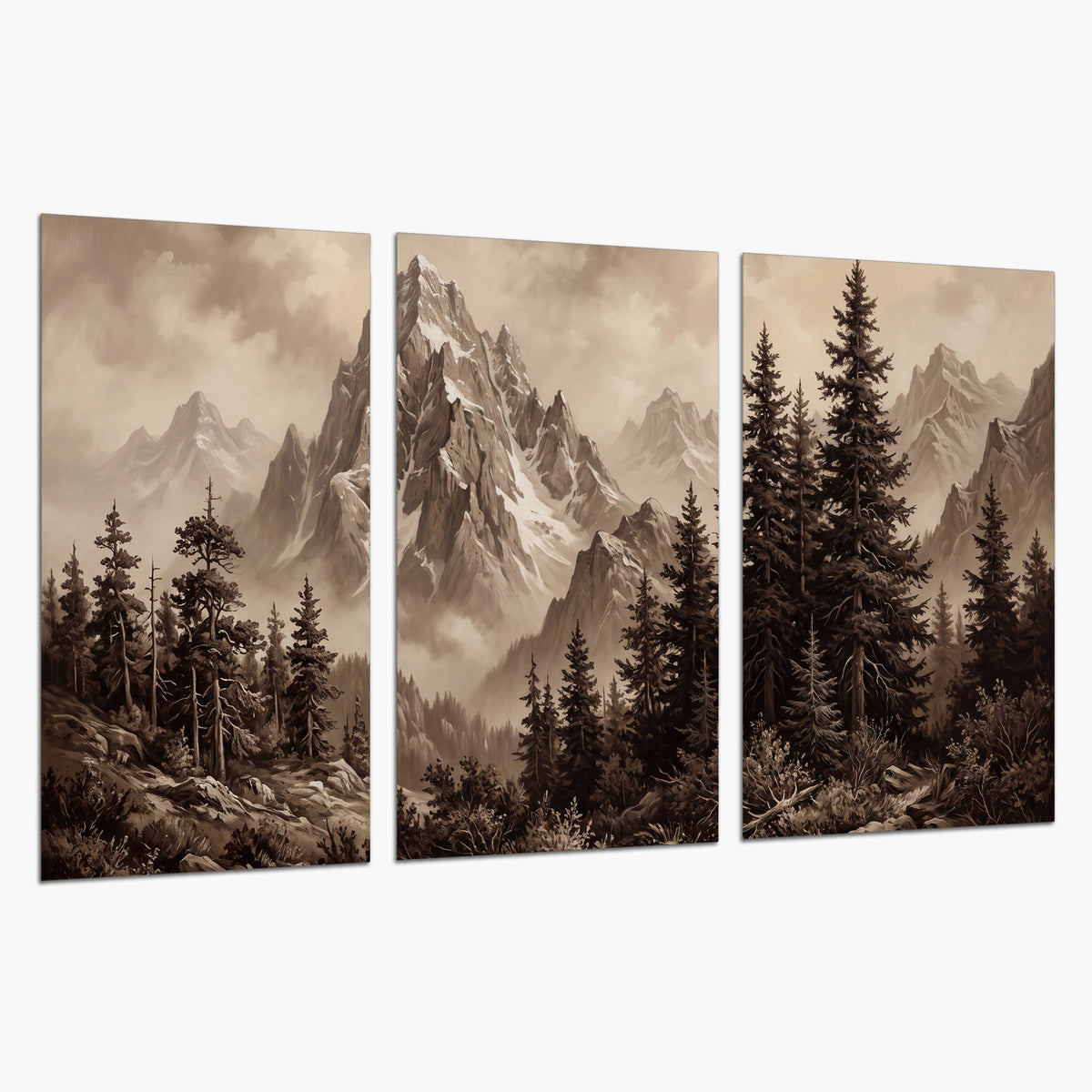 Dramatic mountain peaks framed by evergreen trees set of 3 poster prints on a white background