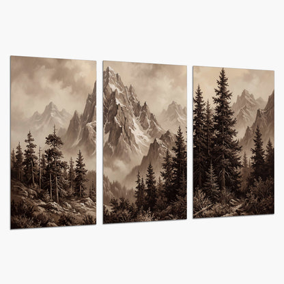 Dramatic mountain peaks framed by evergreen trees set of 3 poster prints on a white background