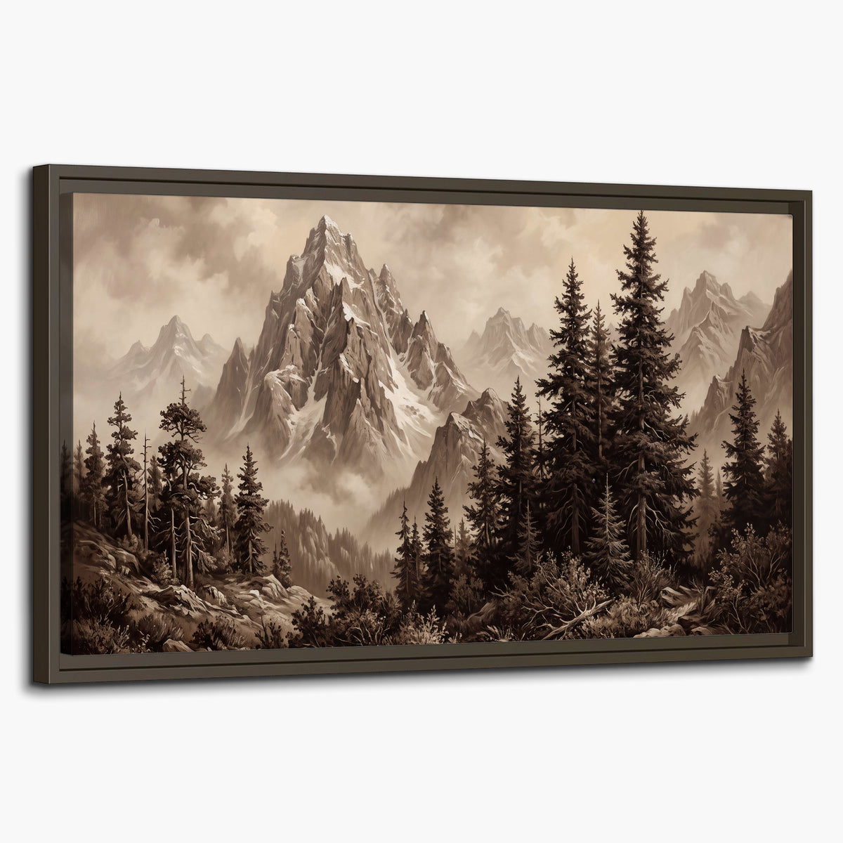 Dramatic mountain peaks framed by evergreen trees single framed canvas wall art on a white background