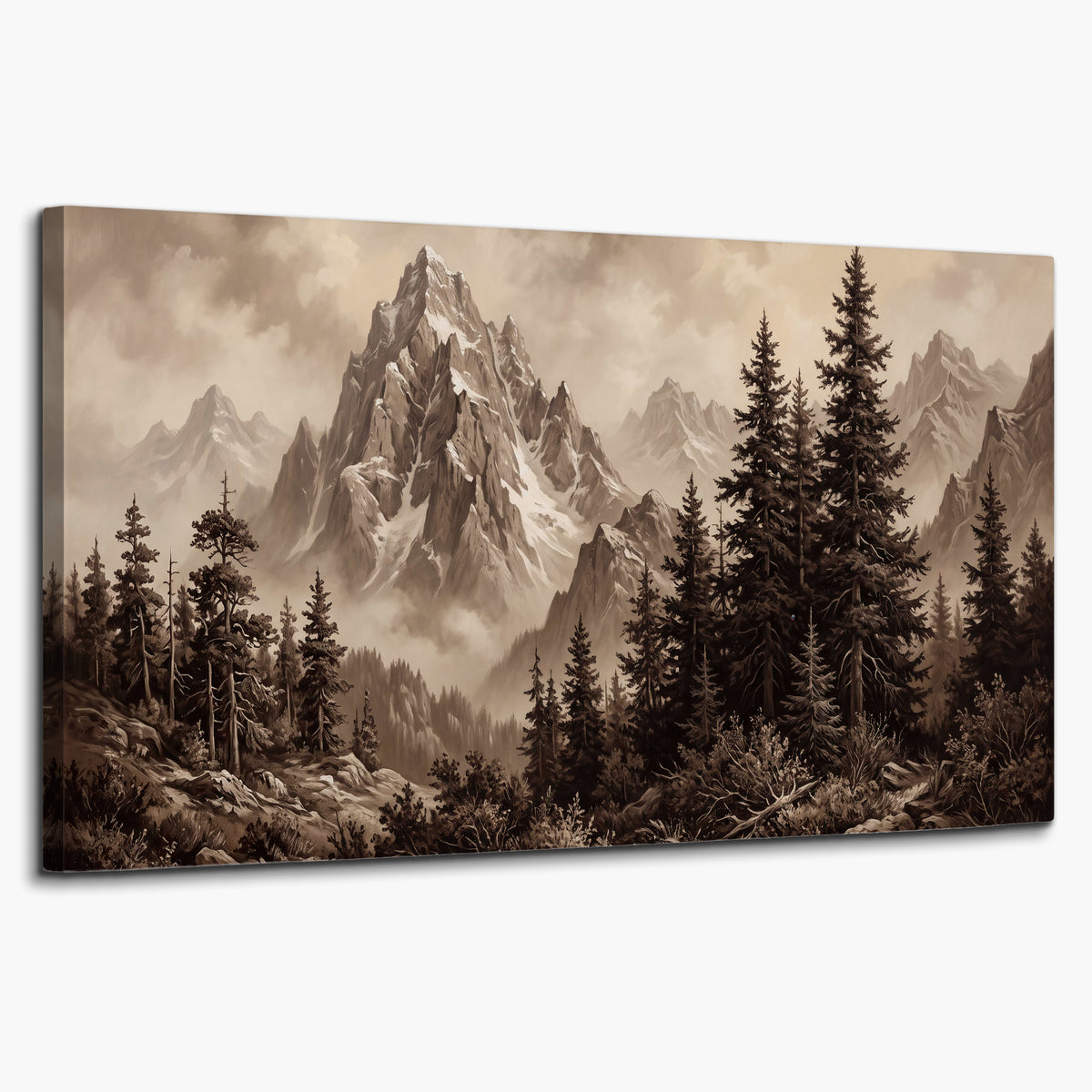 Dramatic mountain peaks framed by evergreen trees single canvas wall art on a white background