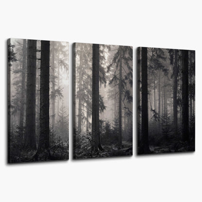 Tall woodland trees fading into pale mist 3 piece canvas wall art on a white background