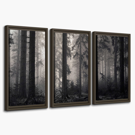 Tall woodland trees fading into pale mist 3 piece framed canvas wall art on a white background