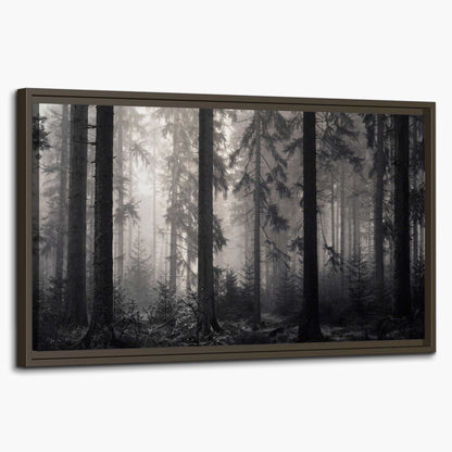 Tall woodland trees fading into pale mist single framed canvas wall art on a white background