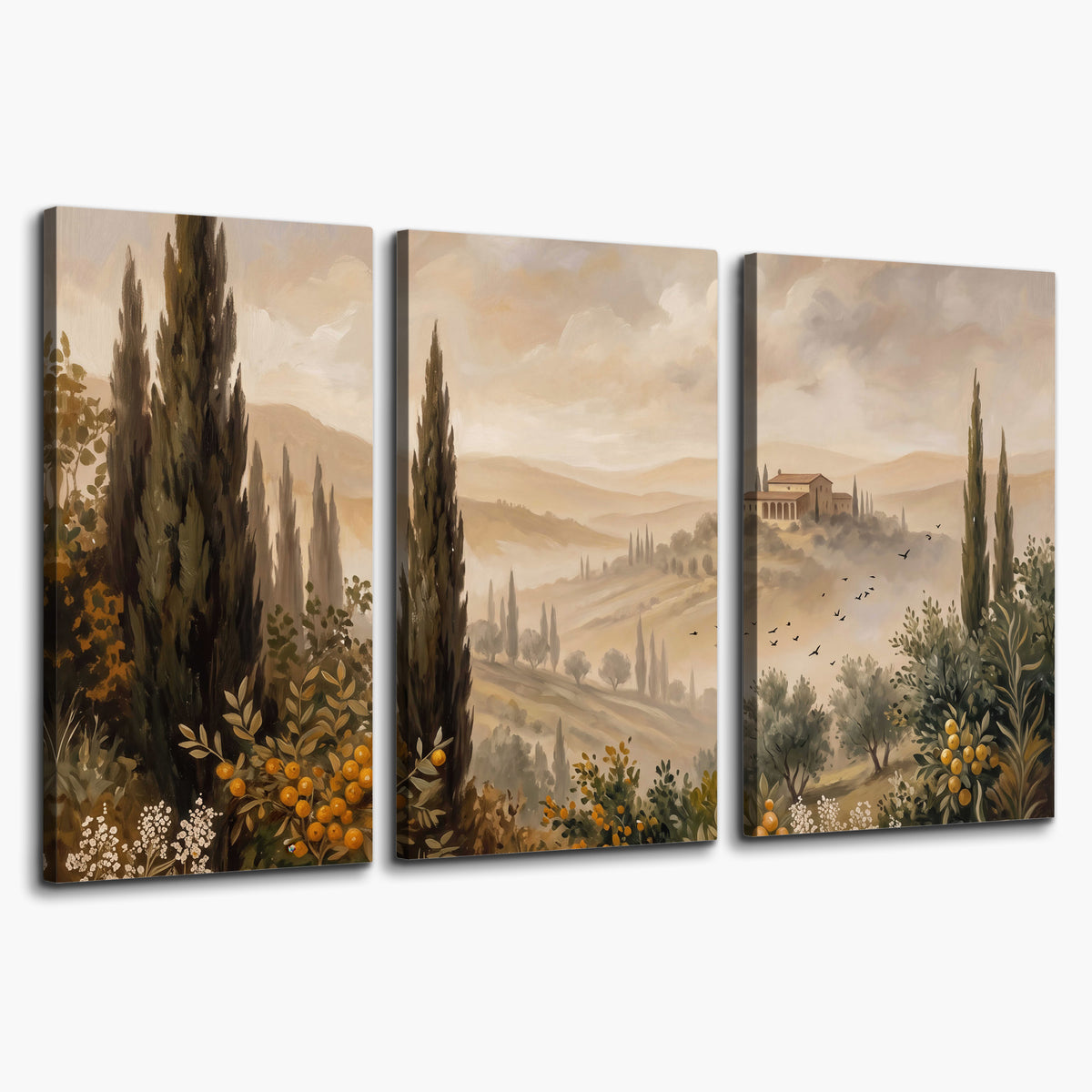 Cypress trees, distant villas and warm rolling hills 3 piece canvas wall art on a white background