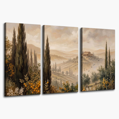 Cypress trees, distant villas and warm rolling hills 3 piece canvas wall art on a white background
