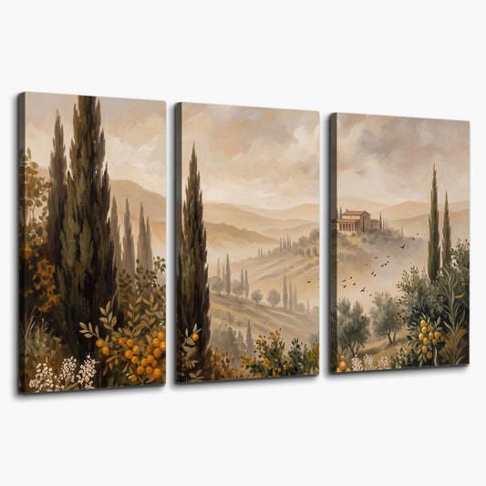 Cypress trees, distant villas and warm rolling hills 3 piece canvas wall art on a white background