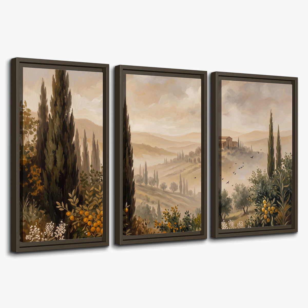 Cypress trees, distant villas and warm rolling hills 3 piece framed canvas wall art on a white background