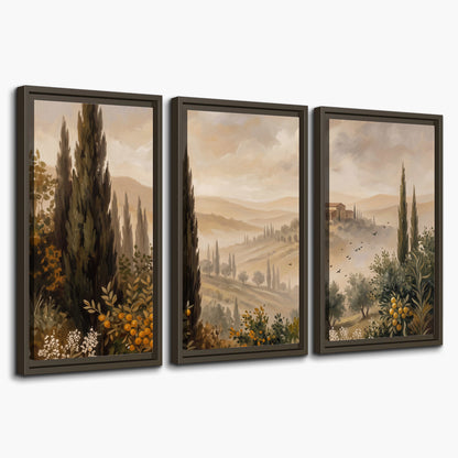Cypress trees, distant villas and warm rolling hills 3 piece framed canvas wall art on a white background
