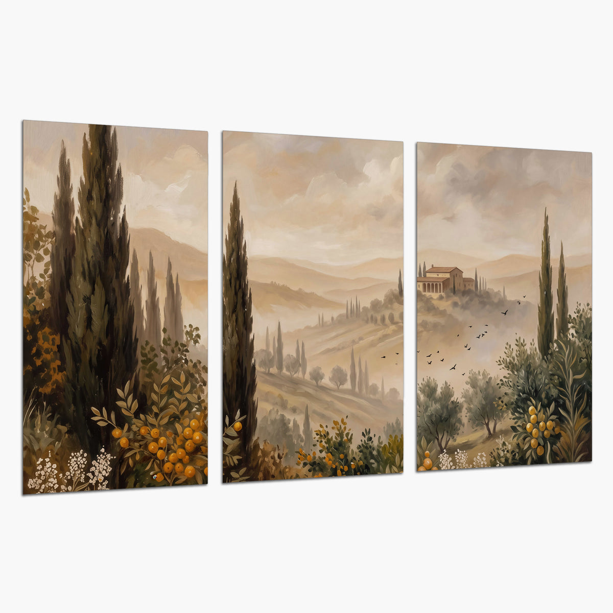Cypress trees, distant villas and warm rolling hills set of 3 poster prints on a white background